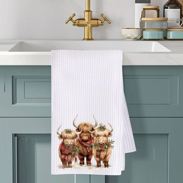Faire-Fernville Creations Dish towels Highland Cow Holiday Waffle Knit Ranch Farmhouse Kitchen Towel